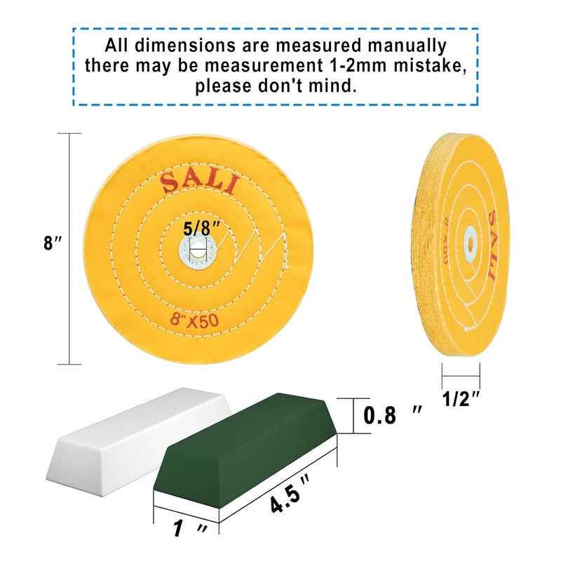 SALI 3 Pack Polishing Wheel for Bench Grinder Buffing Wheel 8 inch Yellow Cotton (50 Ply) for Buffer Polisher Coarse Polish Pad 5/8'' Arbor Hole with Polishing Compound Kit - Image 2